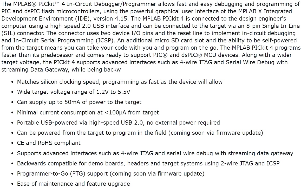 ערכת פיתוח לאלקטרוניקה MICROCHUP PG164140 MPLAB PICKIT 4 DEBUGGER PROGRAMMER TEXT